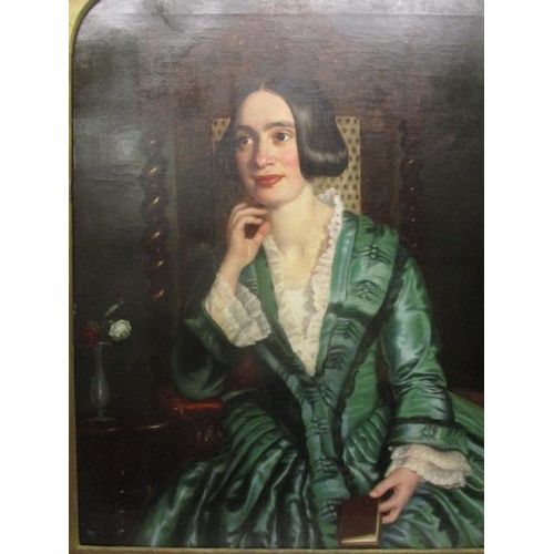 294 - ** Scott - a half length portrait of a girl with black hair wearing a green dress with a lace collar... 