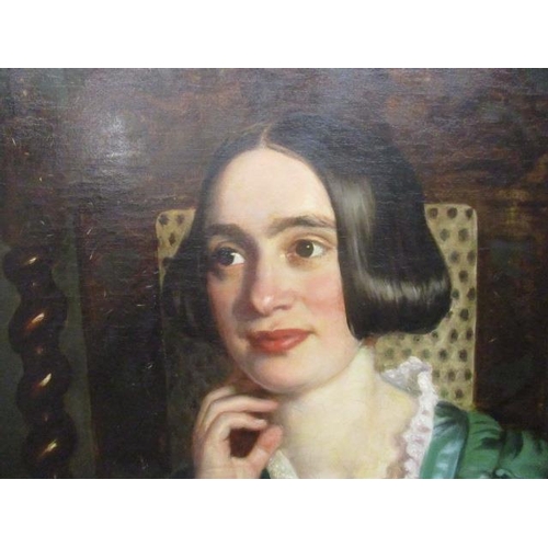 294 - ** Scott - a half length portrait of a girl with black hair wearing a green dress with a lace collar... 