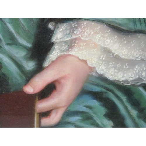 294 - ** Scott - a half length portrait of a girl with black hair wearing a green dress with a lace collar... 