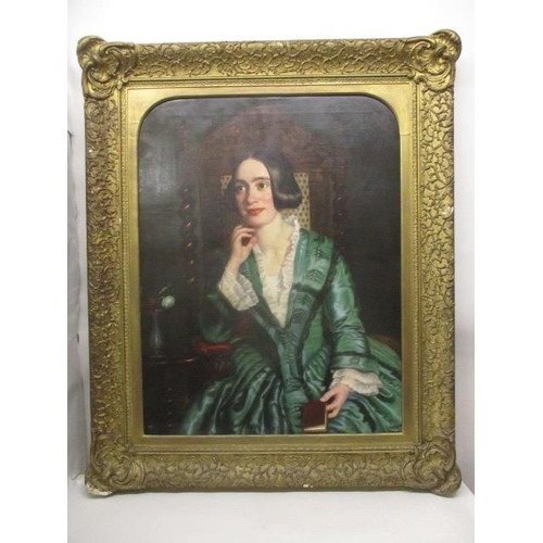 294 - ** Scott - a half length portrait of a girl with black hair wearing a green dress with a lace collar... 