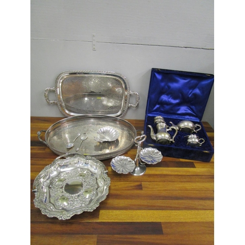 72 - A quantity of silver plate to include a galleried tray and a boxed four pieced teaset