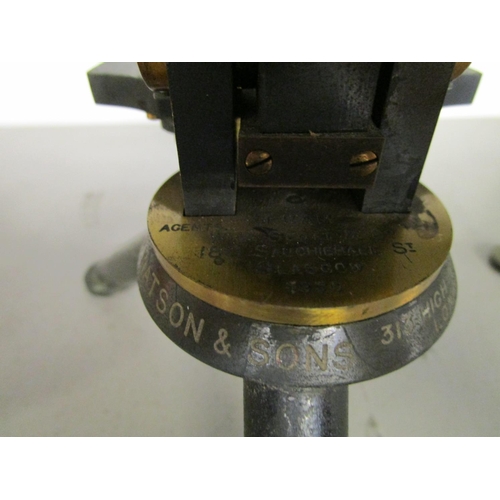 76 - A W Watson brass microscope, marked with agents address W W Scott & Co Glasgow, serial number 5930