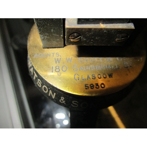 76 - A W Watson brass microscope, marked with agents address W W Scott & Co Glasgow, serial number 5930