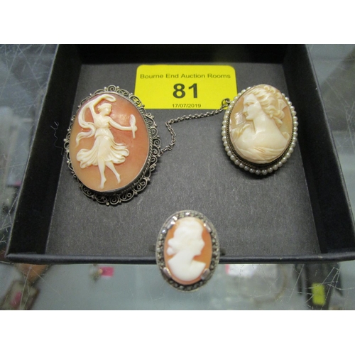 81 - Two cameo brooches, a cameo set white metal ring and a rolled gold flower brooch