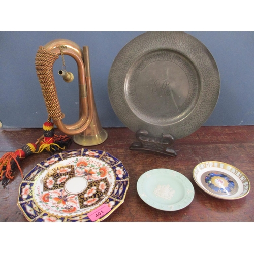 63 - An early 20th century copper bugle, a 19th century pewter plate, a Derby plate and two others, toget... 