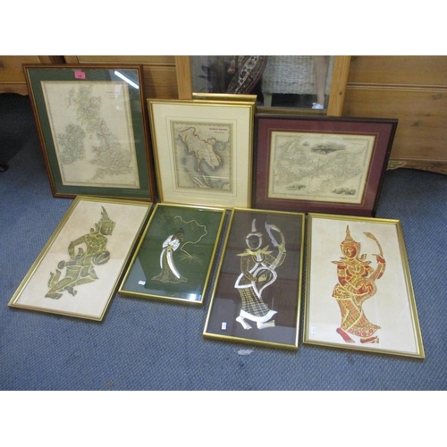 67 - Three framed maps and four Thai figural pictures