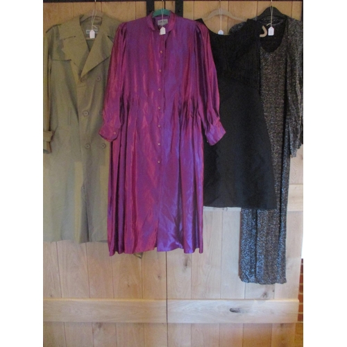 71 - Mixed late 20th century clothing to include a purple silk dress and a black beaded cocktail dress an... 