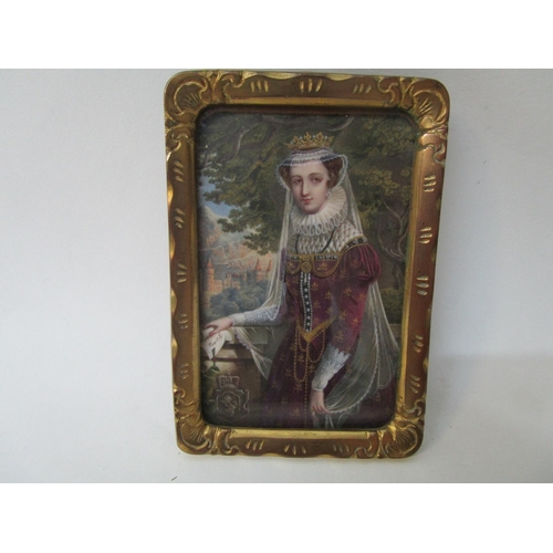 189 - Marie R - a half length portrait miniature of a woman in Elizabethan dress, wearing a crown, a ruff ... 