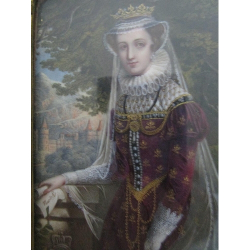 189 - Marie R - a half length portrait miniature of a woman in Elizabethan dress, wearing a crown, a ruff ... 