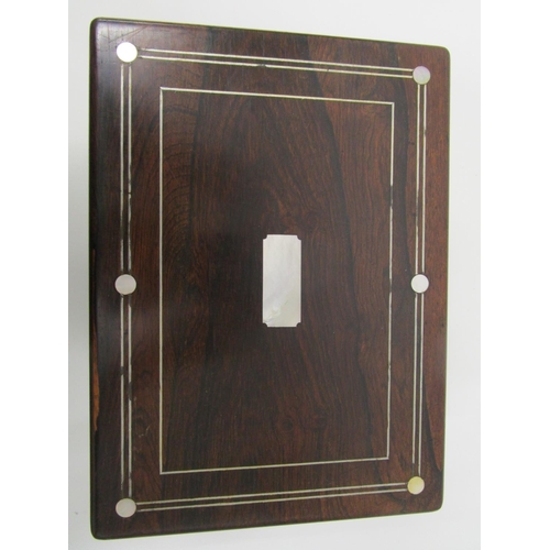 364 - A Victorian mother of pearl inlaid rosewood vanity case with a hinged lid, enclosing a green leather... 