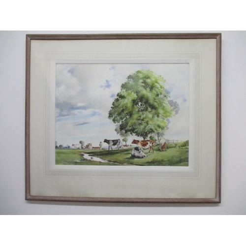 214 - John Dennison - 'A Summer Afternoon', cattle by a stream with houses beyond, watercolour signed lowe... 