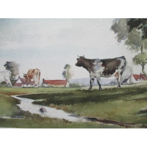 214 - John Dennison - 'A Summer Afternoon', cattle by a stream with houses beyond, watercolour signed lowe... 