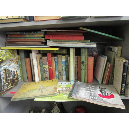 107 - Two shelves of mixed children's books to include Black Beauty, Jennings, Tarzan, Biggles, Swallows a... 