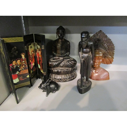 108 - A group of carved wooden Asian busts and an oriental folding table screen
Location: 6:2