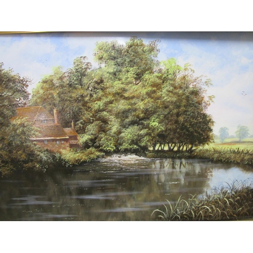 122 - Douglas Chaffey - River landscape with cottages, oil on canvas, signed and dated '90 to lower left c... 