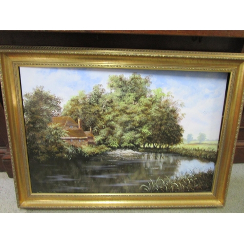 122 - Douglas Chaffey - River landscape with cottages, oil on canvas, signed and dated '90 to lower left c... 