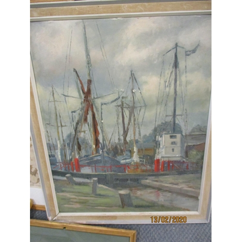 148 - Four Vanity Fair prints, a J R Broughall oil on board of a harbour scene dated 1968, and other pictu... 