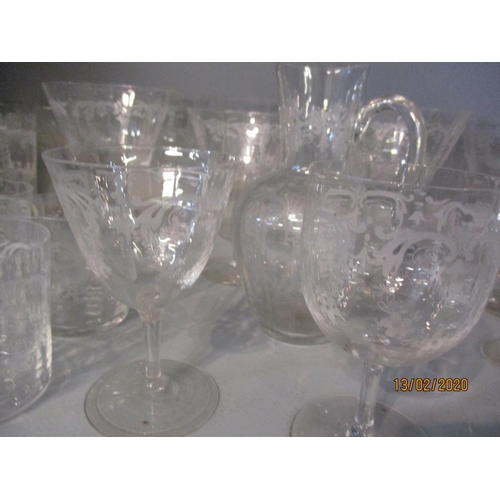 153 - Mixed domestic glassware to include etched glassware, sundae dishes, and crystal hock glasses, Edwar... 