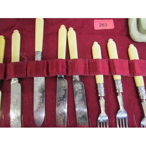 263 - A set of Victorian knives and forks with silver bands and floral engraved blades, Sheffield 1900, al... 