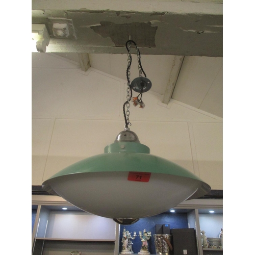 71 - A 1960s modernist flying saucer hanging lamp having an opaline glass shade, re-wired and pat tested
... 