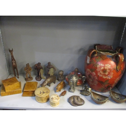 93 - A mixed lot to include a large china pot A/F, wooden and resin figures of animals and people, birdse... 