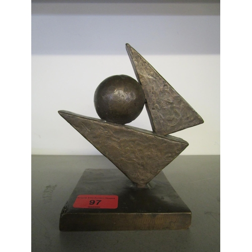 97 - A contemporary bronze abstract sculpture, a circular sphere between two elongated triangles, on a sq... 