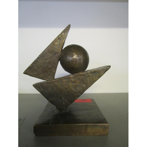 97 - A contemporary bronze abstract sculpture, a circular sphere between two elongated triangles, on a sq... 