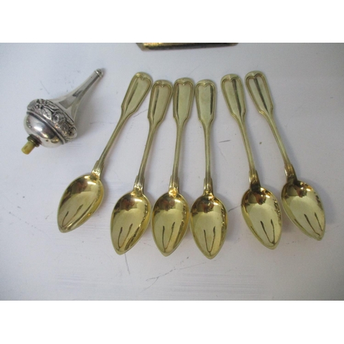 77 - Mixed white metal items to include six gilt coffee spoons, an electric bell push with an ivory butto... 