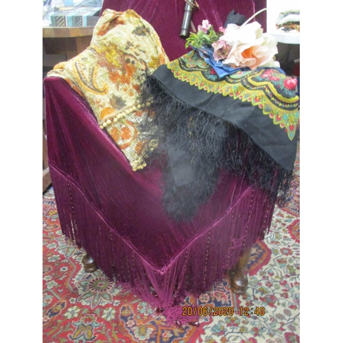 198 - An early 20th century crushed velvet table throw in burgundy with tassels, an early 20th century Ori... 