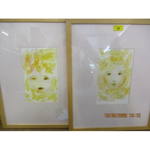 71 - Murray -a pair of framed watercolours depicting children's faces in a yellow wash, mounted and frame... 