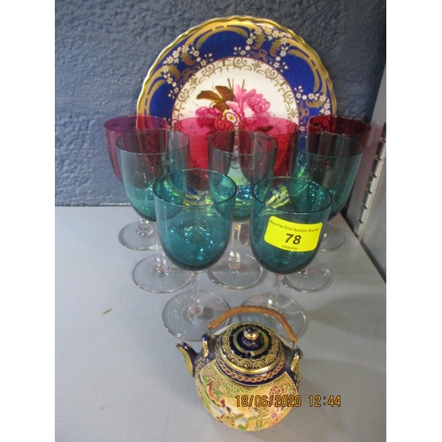 84 - Early 20th century pedestal wine glasses, four cranberry glass and five green glass, a miniature Sat... 