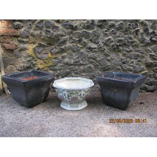 94 - A pair of black painted, square form terracotta pots and an oriental planter
Location: FOYER