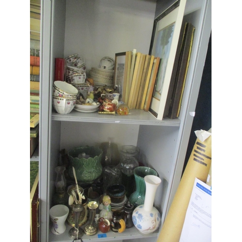 96 - A mixed lot to include a part teaset, framed pictures, small oil lamp, cut glassware, cutlery and ot... 