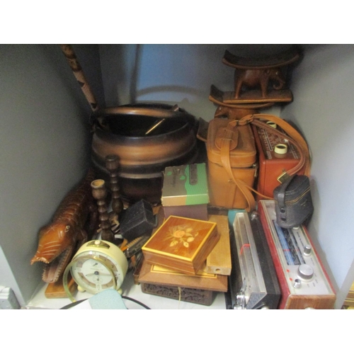 98 - A mixed lot to include a Singer sewing machine, radio players, binoculars, African head rests, mixed... 