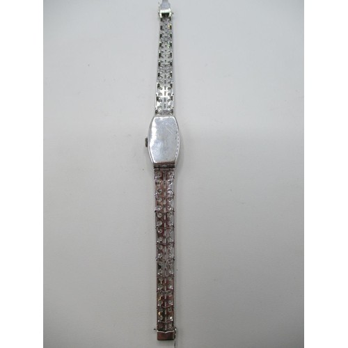 46 - An Omega white gold and diamond ladies wristwatch with rectangular dial with Arabic numerals, inset ... 