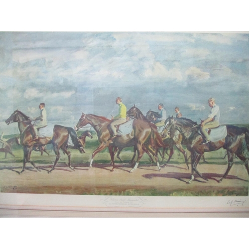 237 - Sir Alfred Munnings - Warren Hill Newmarket, a view of race horses, coloured print, signed in pencil... 