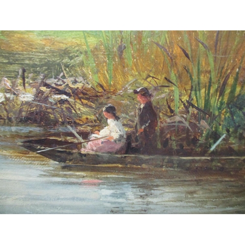 238 - Benjamin William Leader 1831-1923 - The Thames at Streatley, a man and a woman in a punt with fields... 