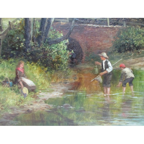 242 - Robert John Hammond - Foot Bridge, Yardley Wood, children fishing in a stream, by a bridge with a ho... 