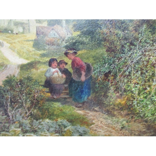 244 - Attributed to James Reel - Riveaux Abbey a mother and two children on a path with buildings beyond, ... 