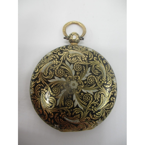 19 - A late 19th century French gold coloured and enamelled, cylinder movement key wound pocket watch, th... 