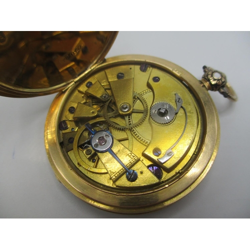 19 - A late 19th century French gold coloured and enamelled, cylinder movement key wound pocket watch, th... 