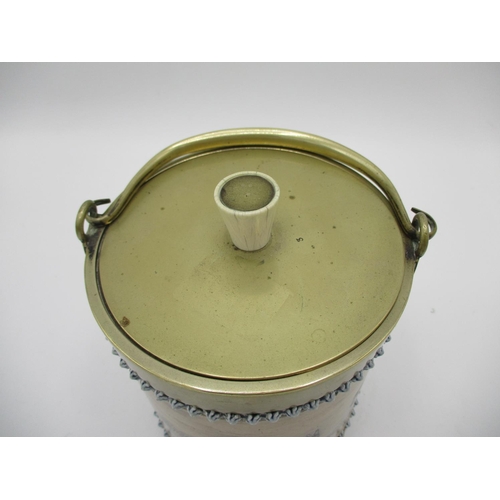 212 - A Doulton Lambeth, Hannah Barlow biscuit barrel with a metal swing handle, detachable lid, banding a... 