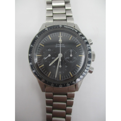 8 - An Omega premoon, Speedmaster Ed White, manual wind, stainless steel gents wristwatch. The black dia...