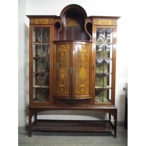 231 - An Edwardian Taylor and Hobson mahogany and extensive marquetry inlaid display cabinet with a centra... 