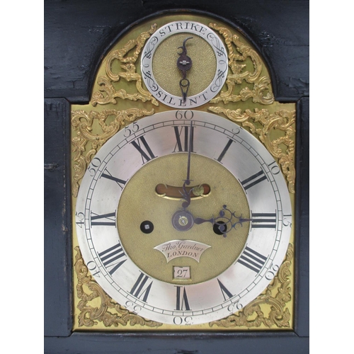 280 - A mid 18th century bracket clock by Thomas Gardner, London, a bell top Japanned case, the arched top... 