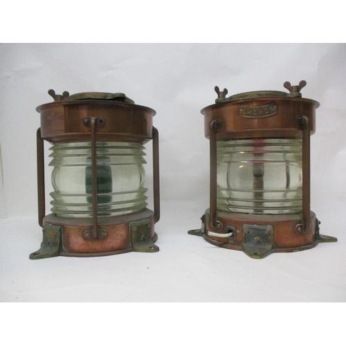 220 - A pair of brass and copper port and starboard ships lamps, converted to electricity, 13