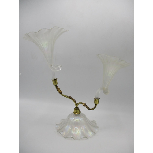 182 - Attributed to John Walsh an Art Nouveau gilt metal and pearlescent glass, two branch epergne, with t... 