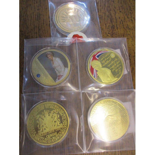 174 - Five 2012-2017 gold plated collectors coins, 110g in weight, to commemorate VE Day, Lady Diana, The ... 