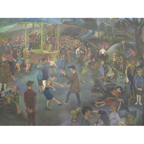 113 - Mid 20th century British School - a park scene with figures dancing by a bandstand, oil on board 56c... 