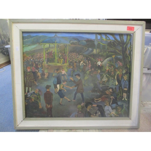 113 - Mid 20th century British School - a park scene with figures dancing by a bandstand, oil on board 56c... 